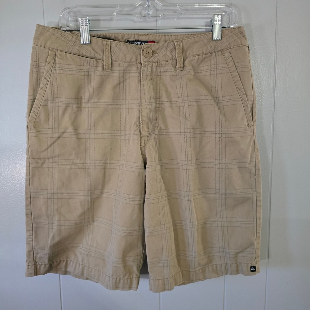 Quiksilver Plaid Chino Shorts Mens 32 Tan Khaki Good‎ 104063 Flat Front